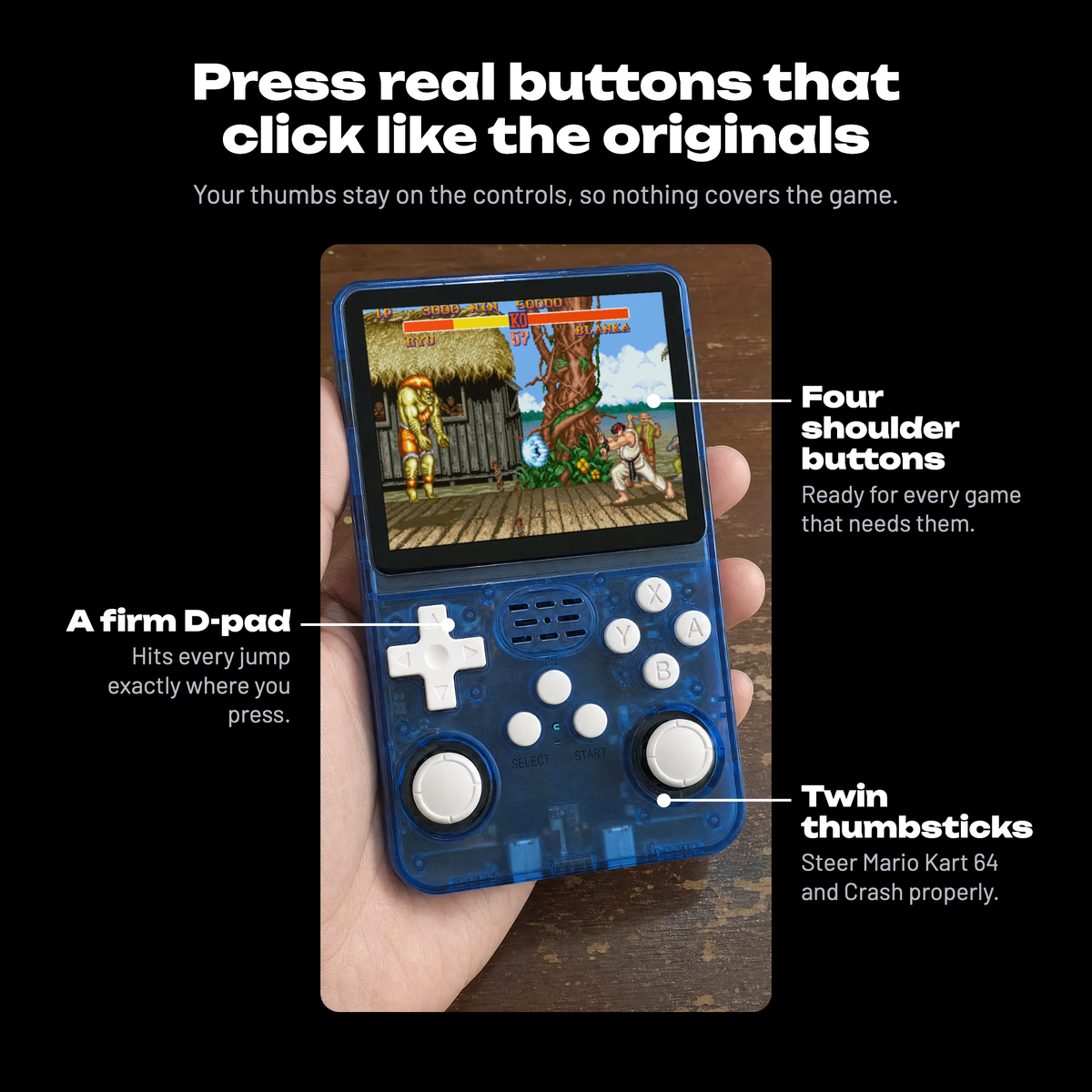 Retro Advance: Press real buttons that click like the originals